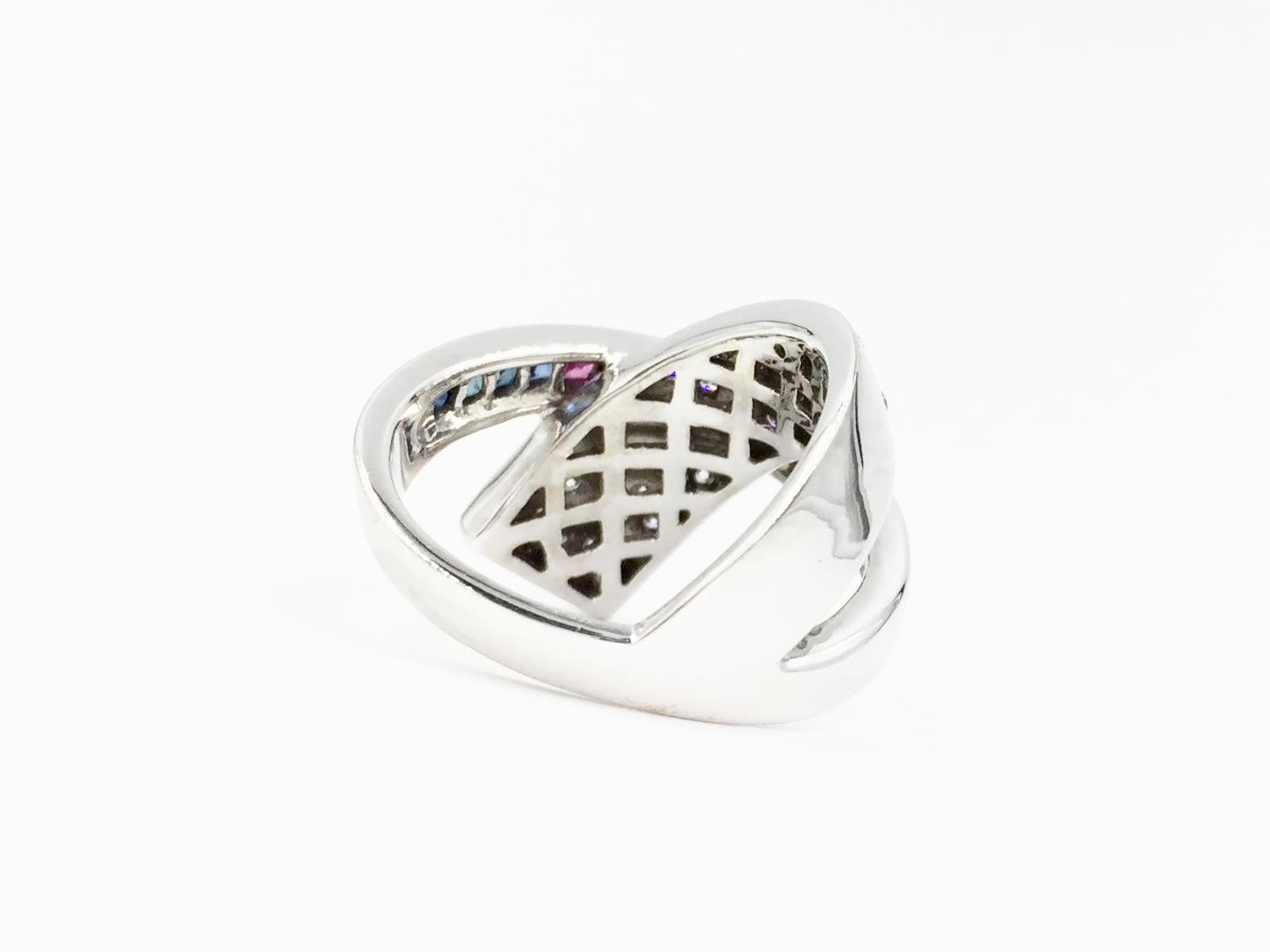 Modern White Gold Diamond and Multicolored Sapphire Crossover Ring
