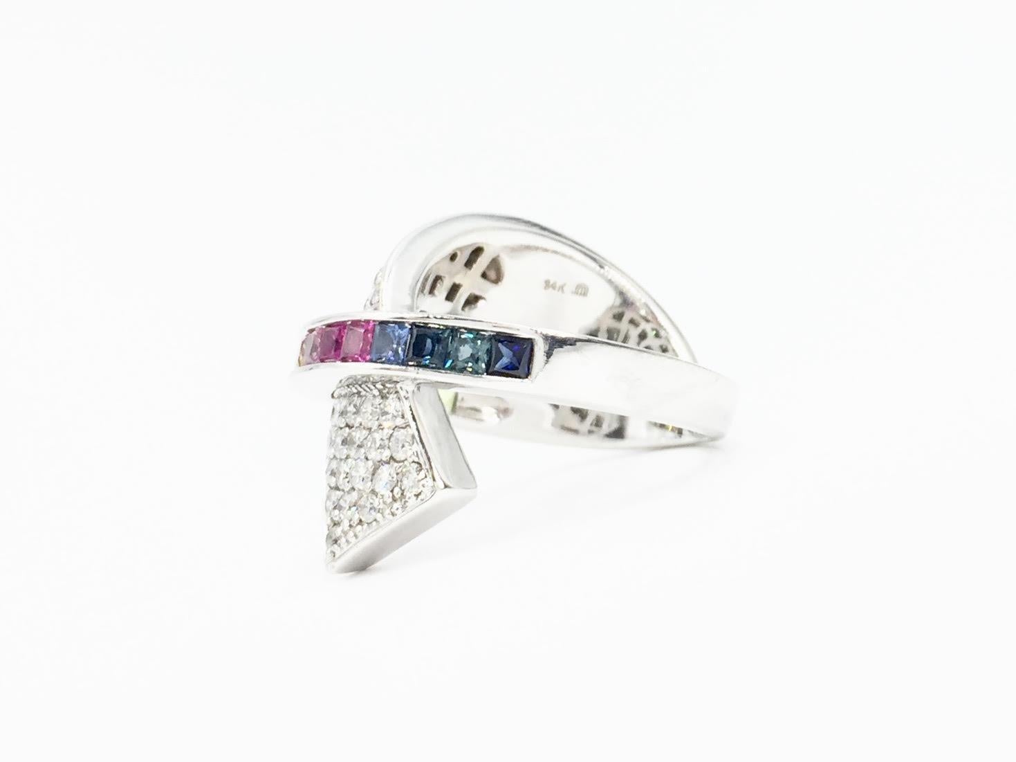 White Gold Diamond and Multicolored Sapphire Crossover Ring In Excellent Condition In Pikesville, MD