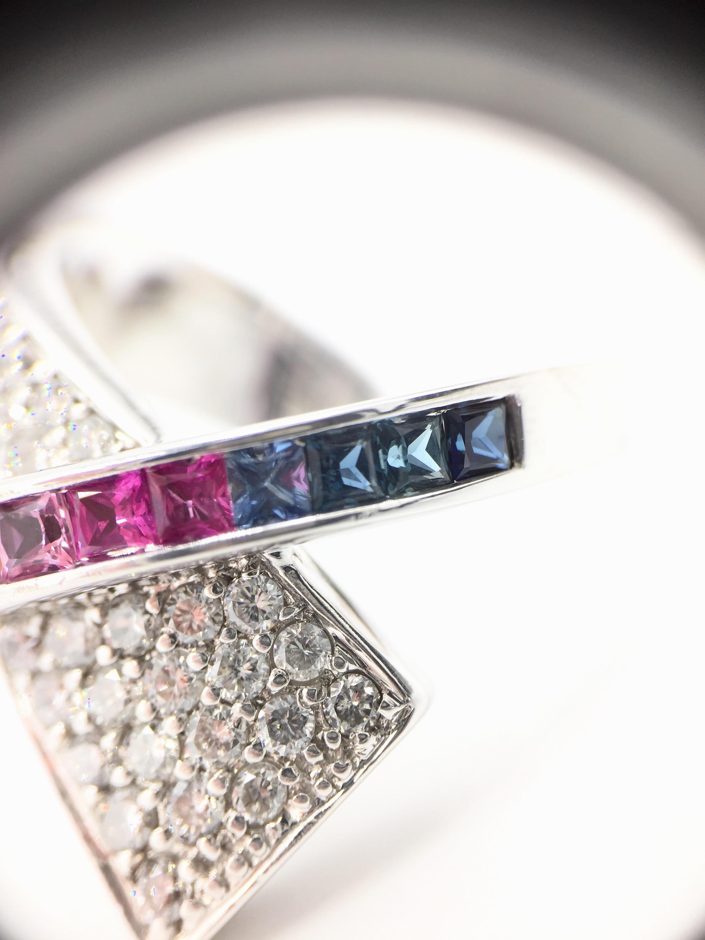 Women's White Gold Diamond and Multicolored Sapphire Crossover Ring