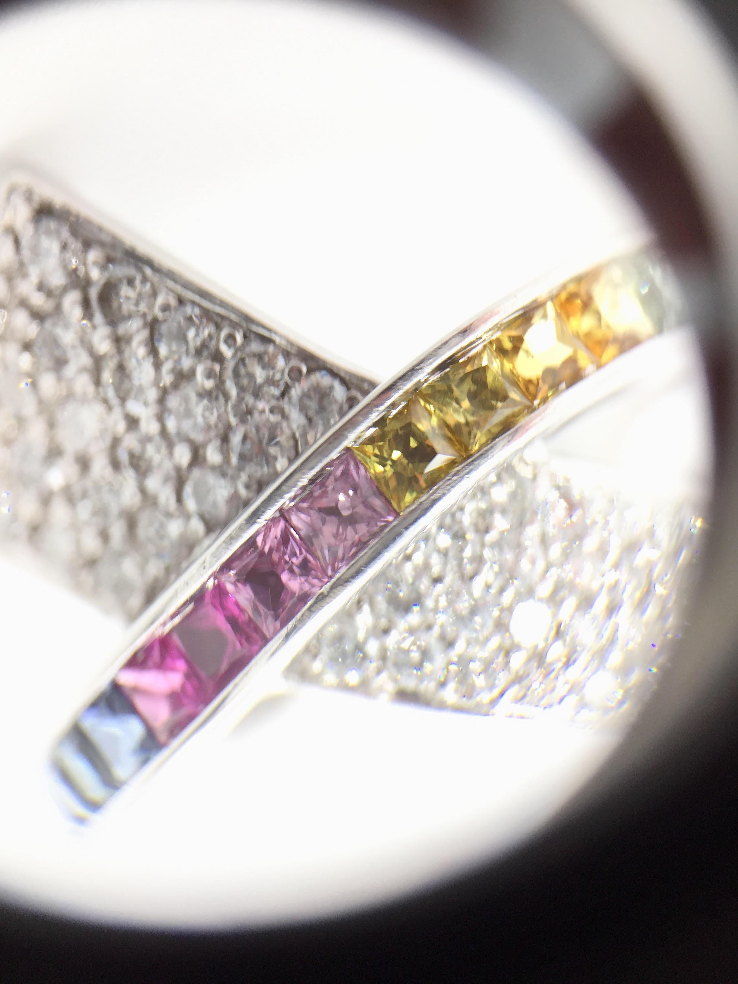 White Gold Diamond and Multicolored Sapphire Crossover Ring 1