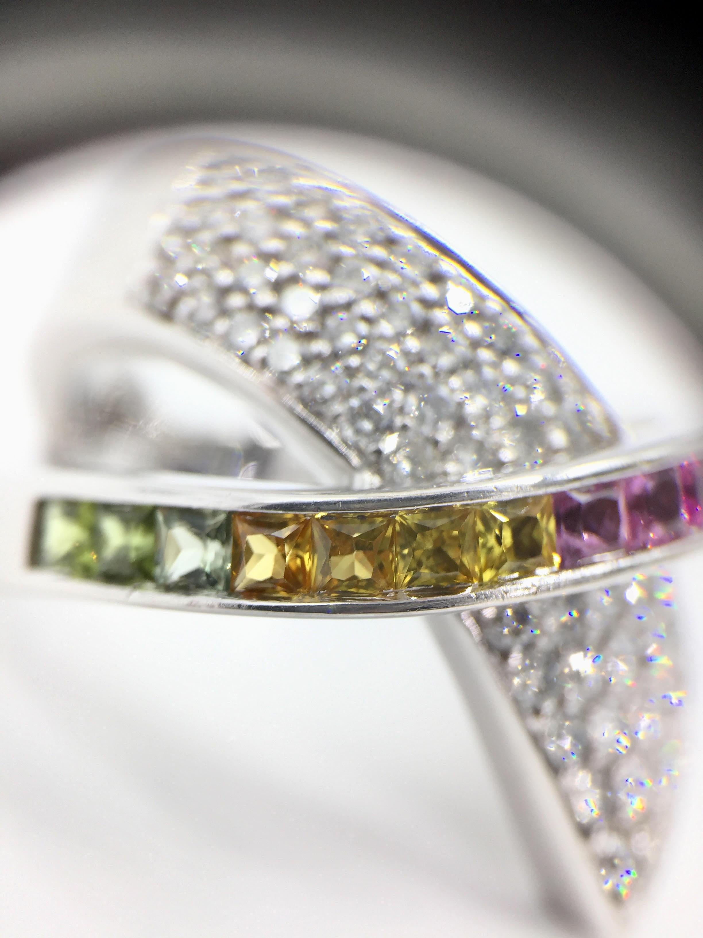 White Gold Diamond and Multicolored Sapphire Crossover Ring 2