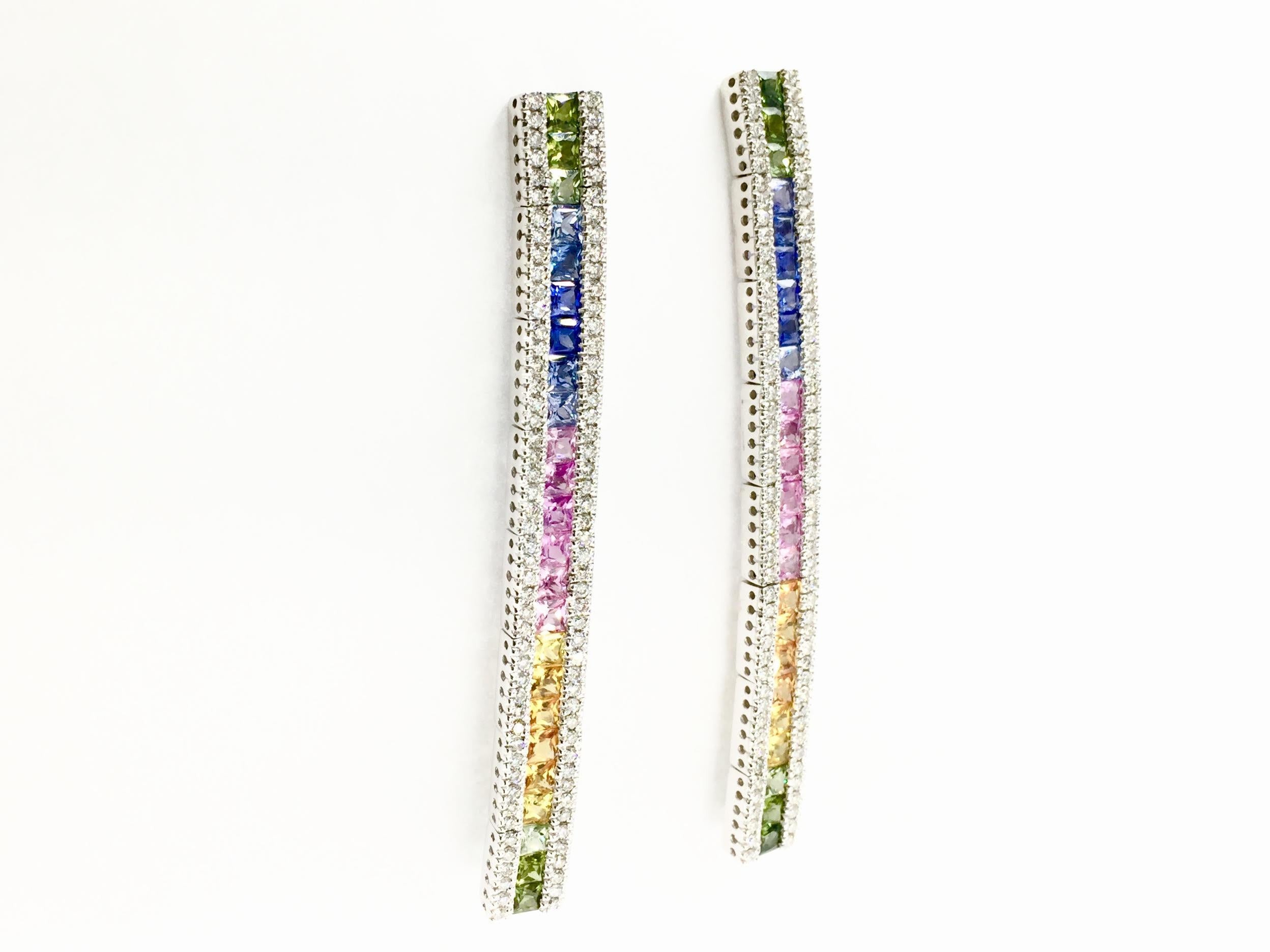 White Gold Diamond and Multicolored Sapphire Drop Earrings In Excellent Condition In Pikesville, MD