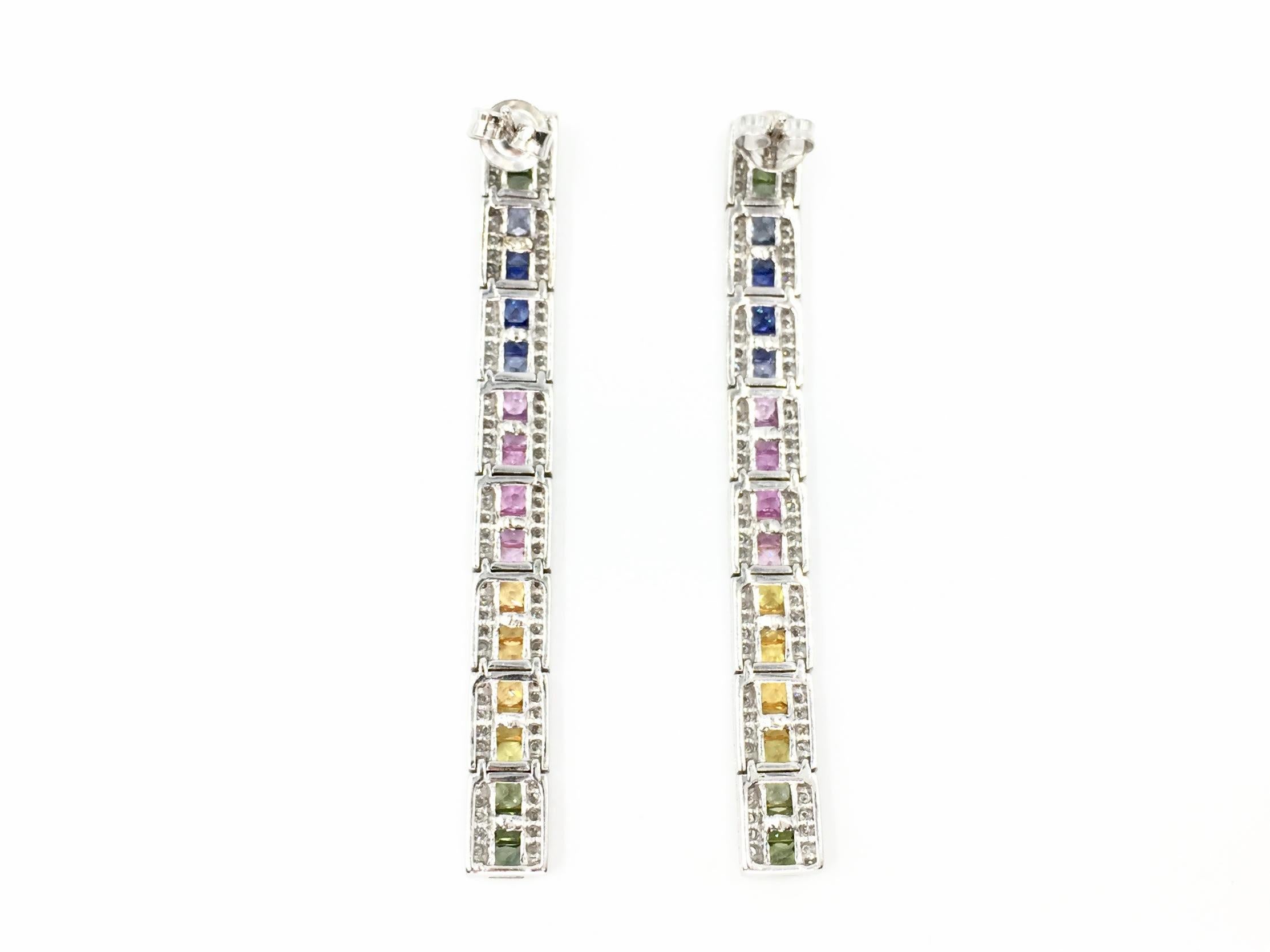 Women's White Gold Diamond and Multicolored Sapphire Drop Earrings