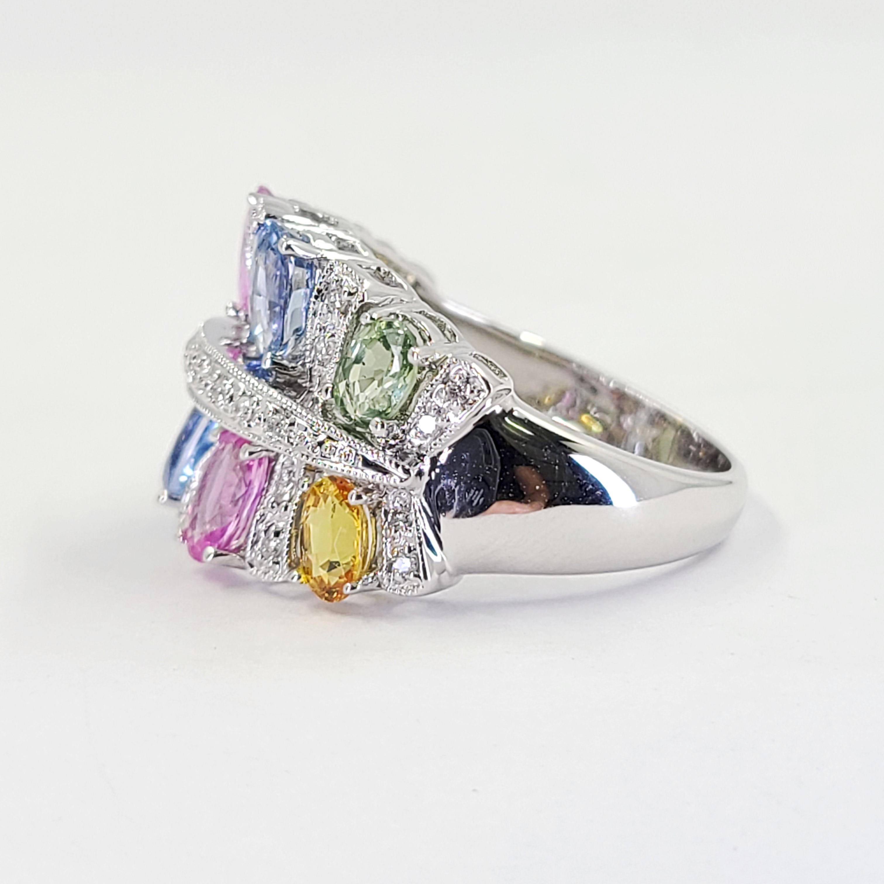 Oval Cut White Gold Diamond and Multicolor Sapphire Ring For Sale