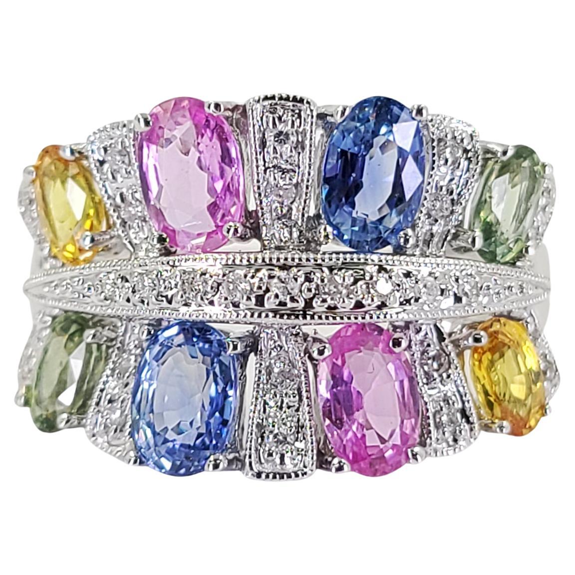 White Gold Diamond and Multicolor Sapphire Ring For Sale