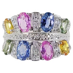 Vintage White Gold Diamond and Multicolor Sapphire Ring