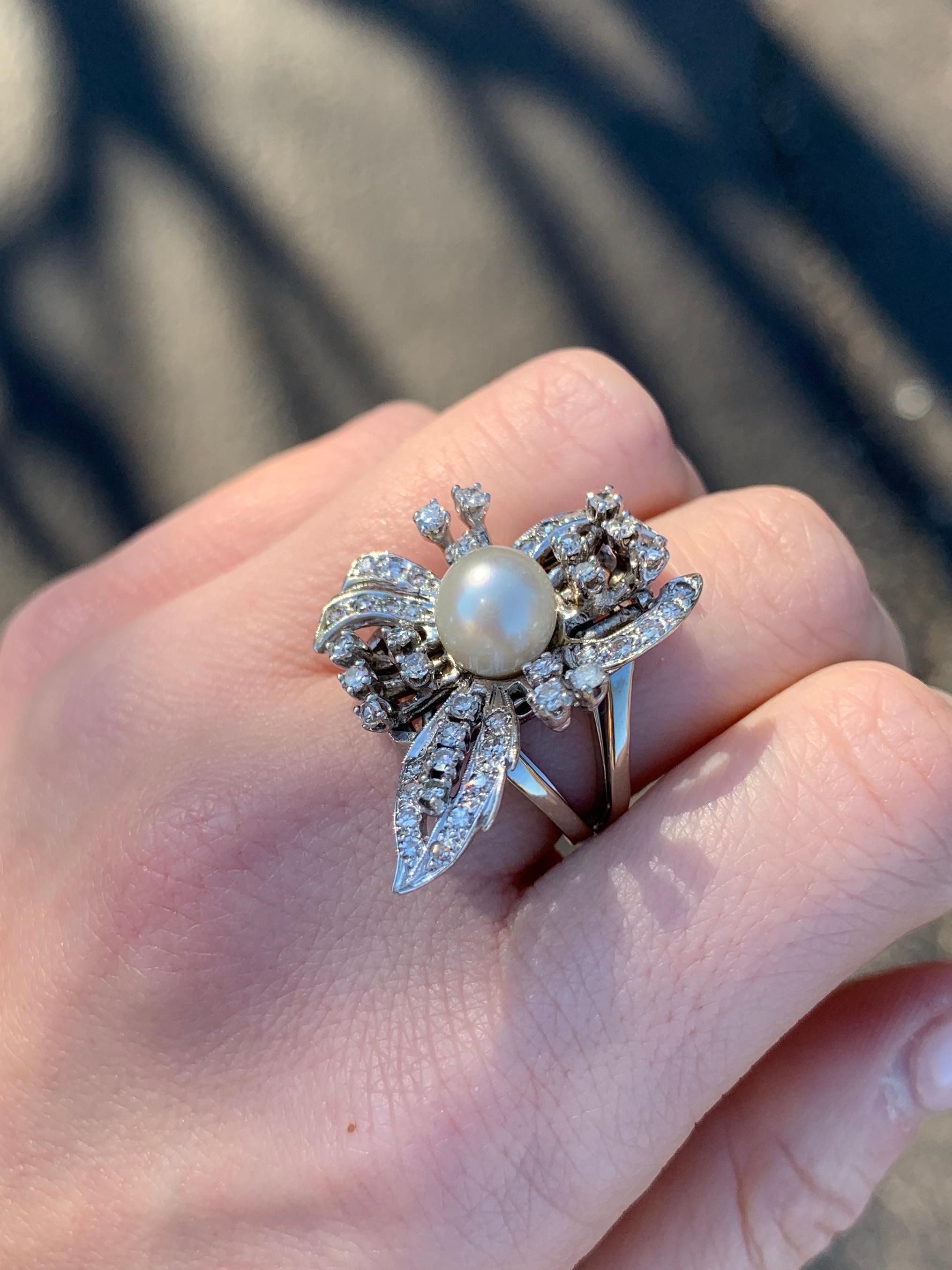 Round Cut White Gold Diamond and Pearl Edwardian Inspired Cocktail Ring For Sale