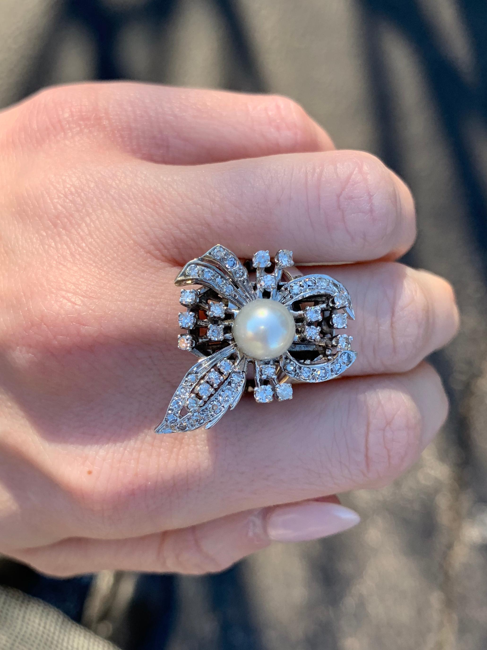 White Gold Diamond and Pearl Edwardian Inspired Cocktail Ring In Good Condition For Sale In Pikesville, MD