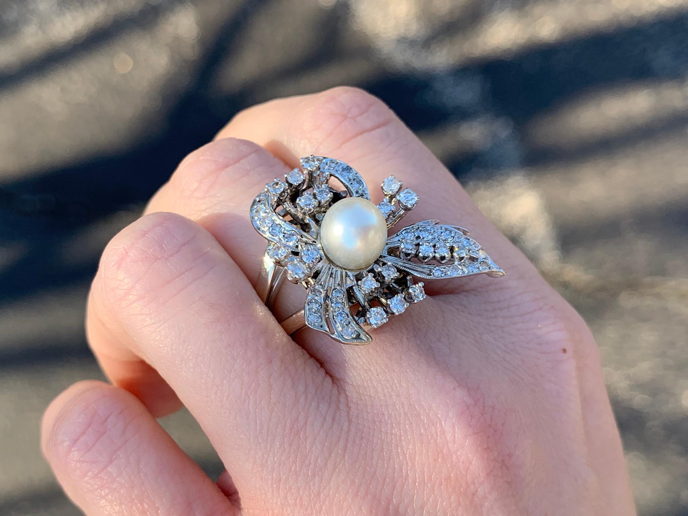 Women's White Gold Diamond and Pearl Edwardian Inspired Cocktail Ring For Sale