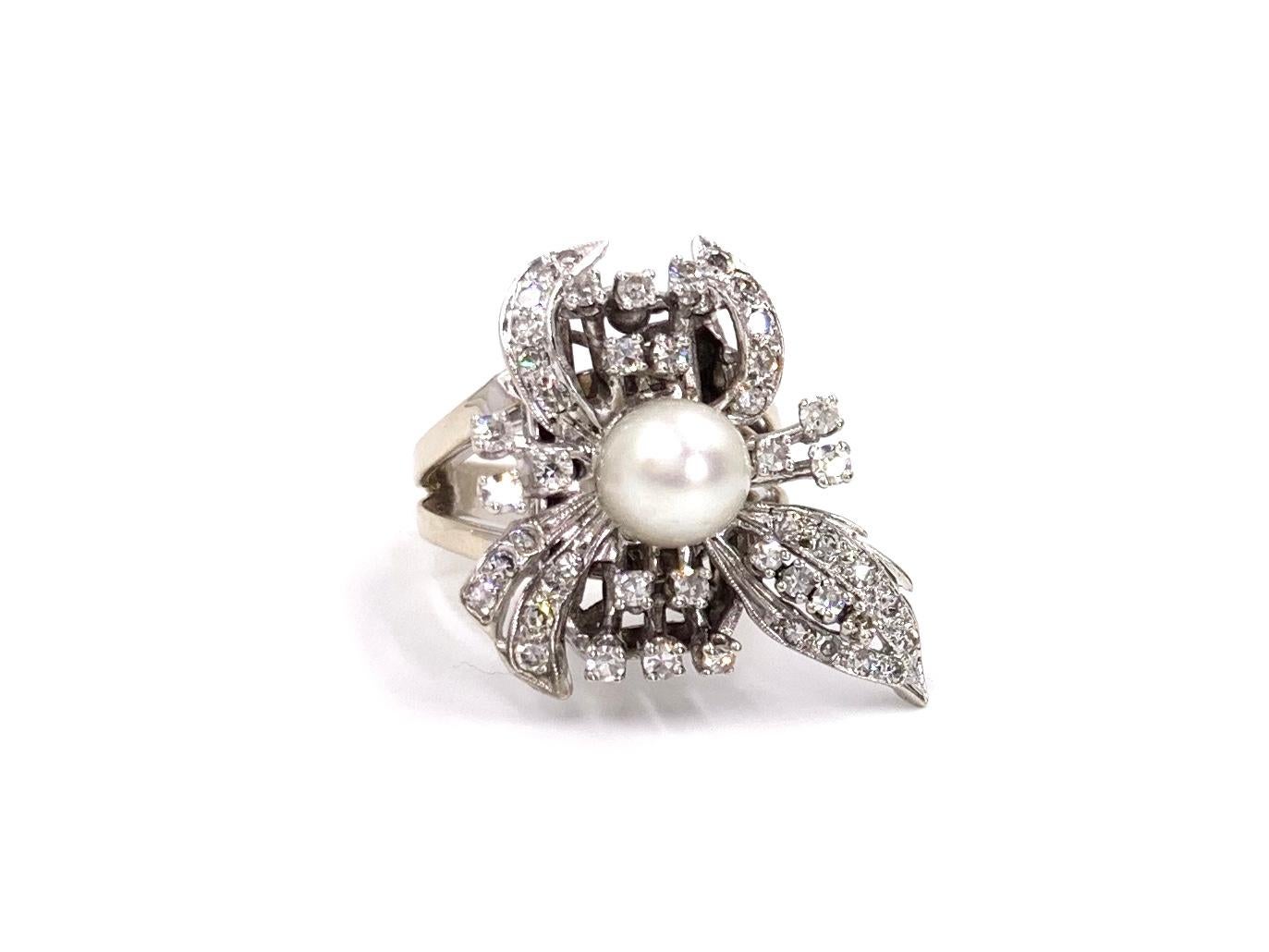 White Gold Diamond and Pearl Edwardian Inspired Cocktail Ring For Sale 1
