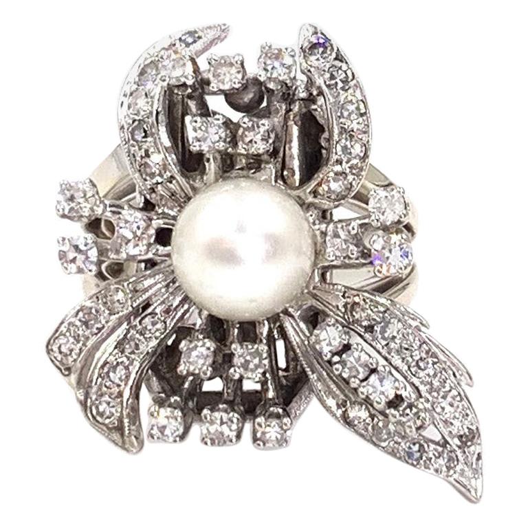 White Gold Diamond and Pearl Edwardian Inspired Cocktail Ring For Sale