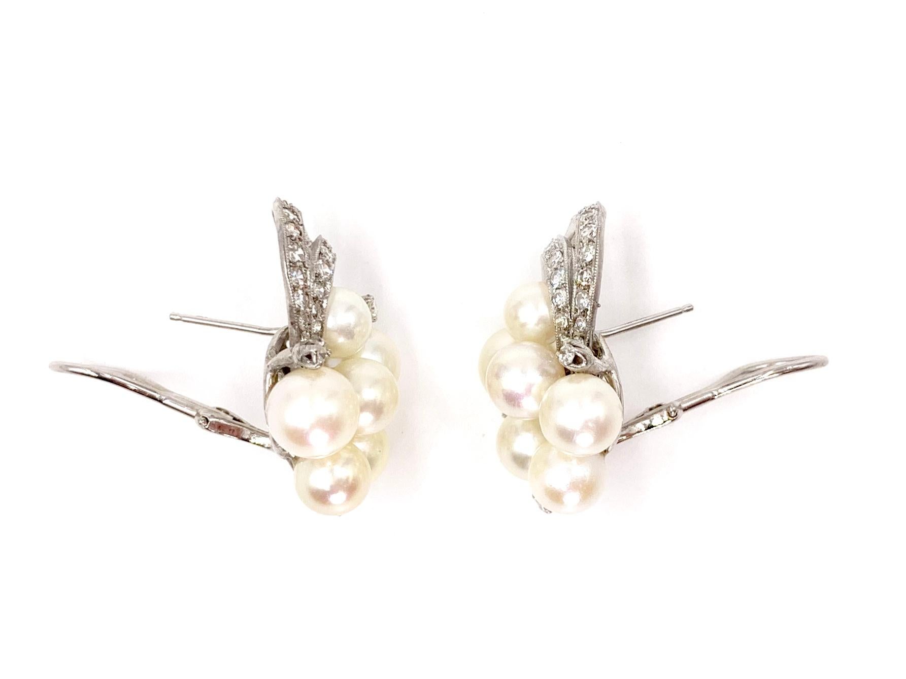 Round Cut White Gold Diamond and Pearl Edwardian Inspired Earrings