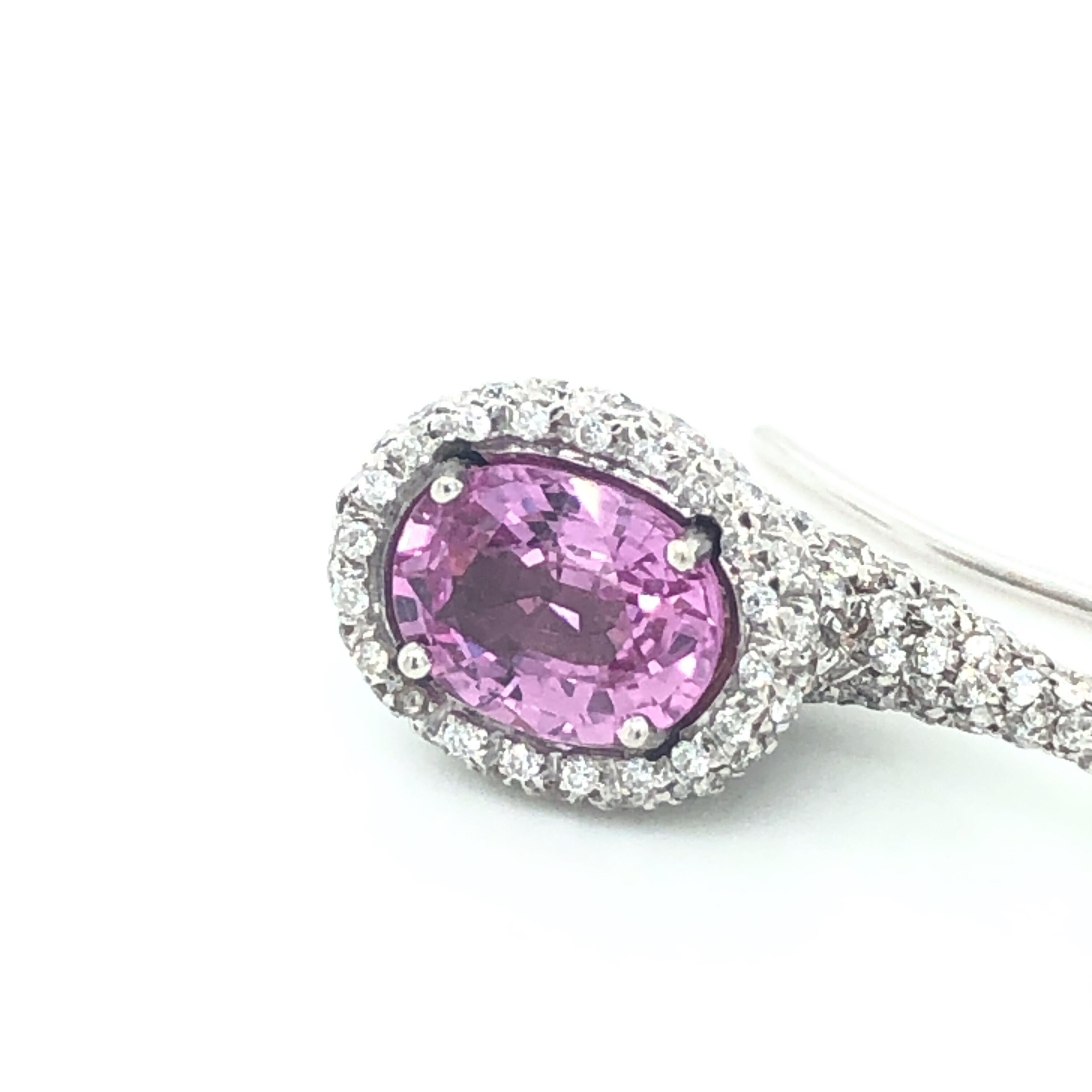 White Gold Diamond and Pink Sapphire Chantecler Earrings In Good Condition In Dallas, TX