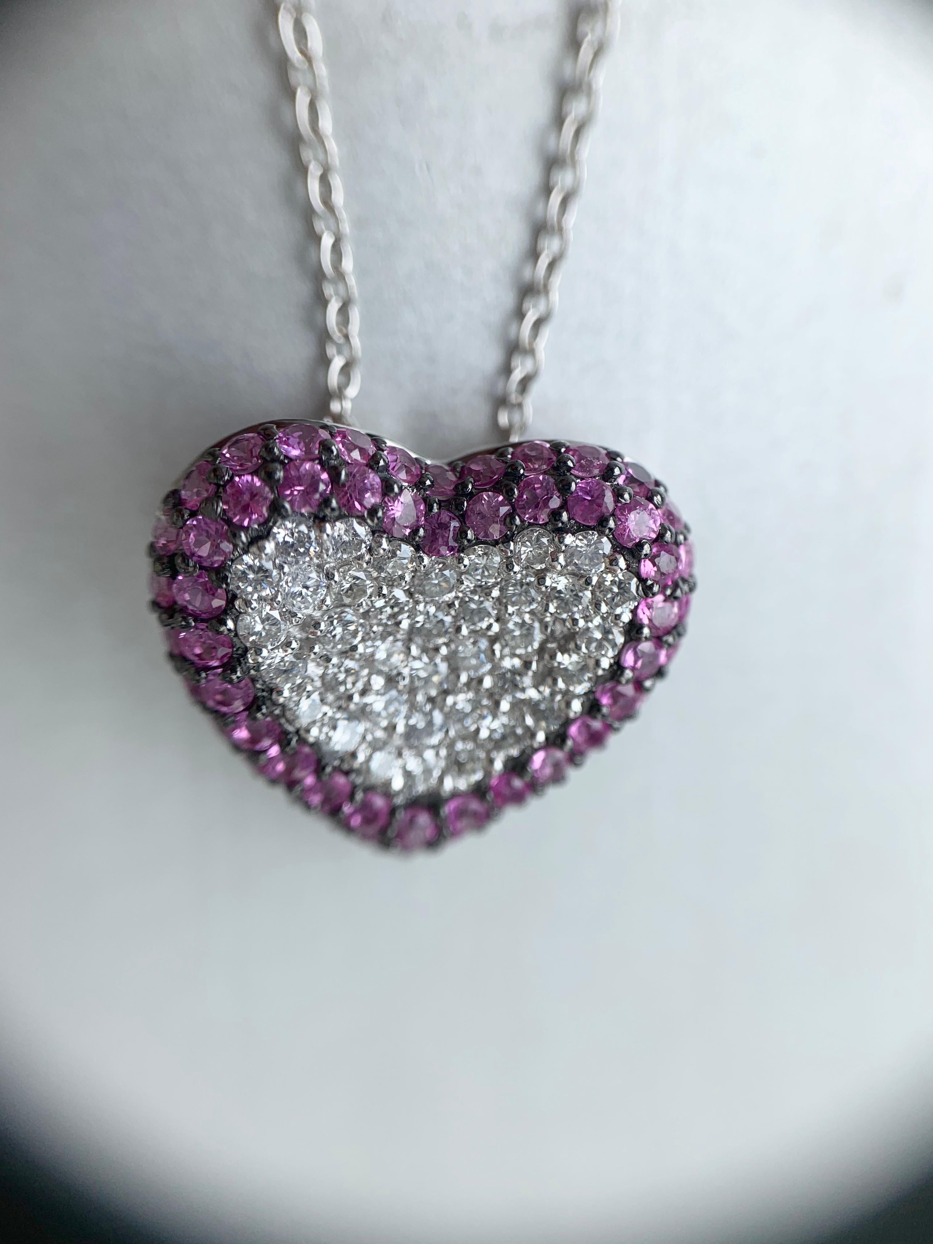 Contemporary White Gold Diamond and Pink Sapphire Heart Pendant Necklace