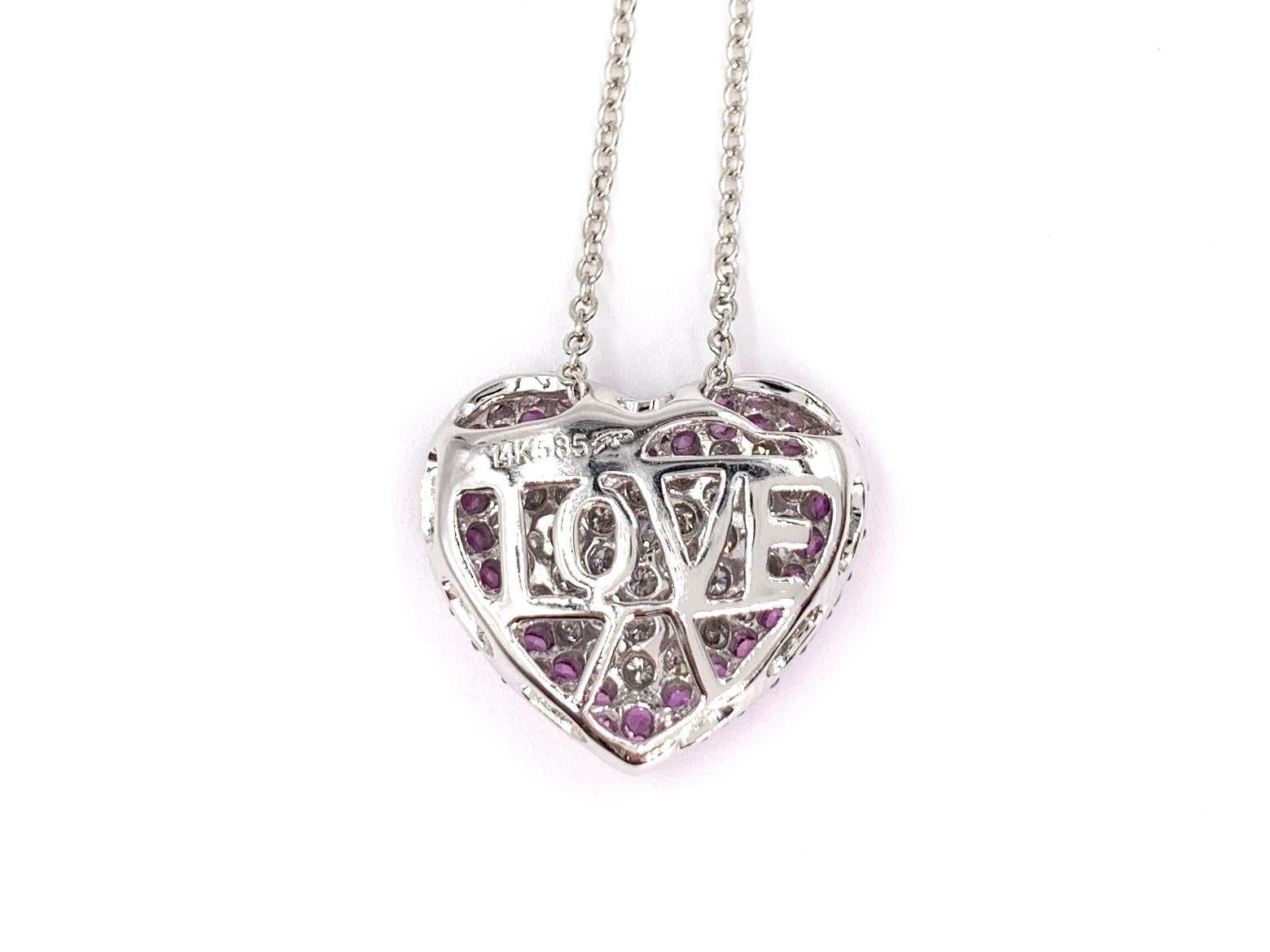 Round Cut White Gold Diamond and Pink Sapphire Heart Pendant Necklace