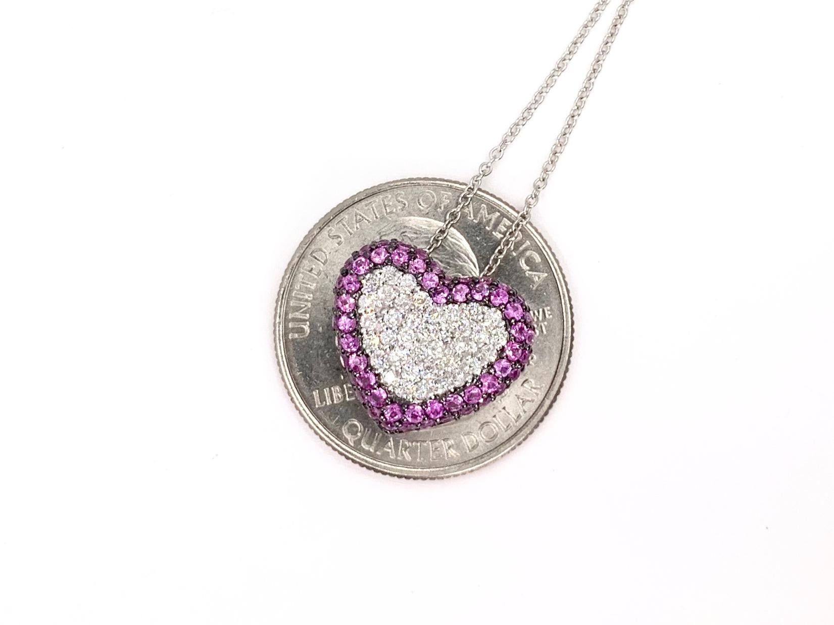 White Gold Diamond and Pink Sapphire Heart Pendant Necklace In Good Condition In Pikesville, MD
