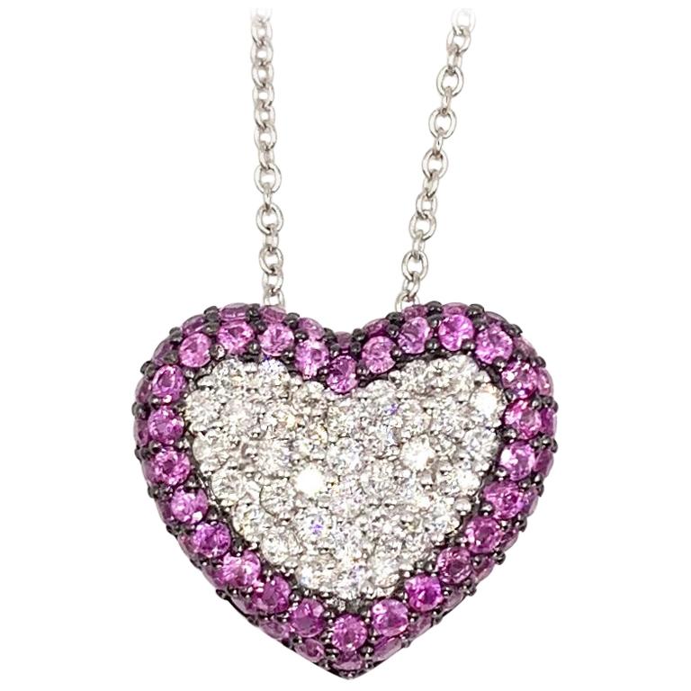 White Gold Diamond and Pink Sapphire Heart Pendant Necklace