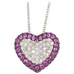 White Gold Diamond and Pink Sapphire Heart Pendant Necklace