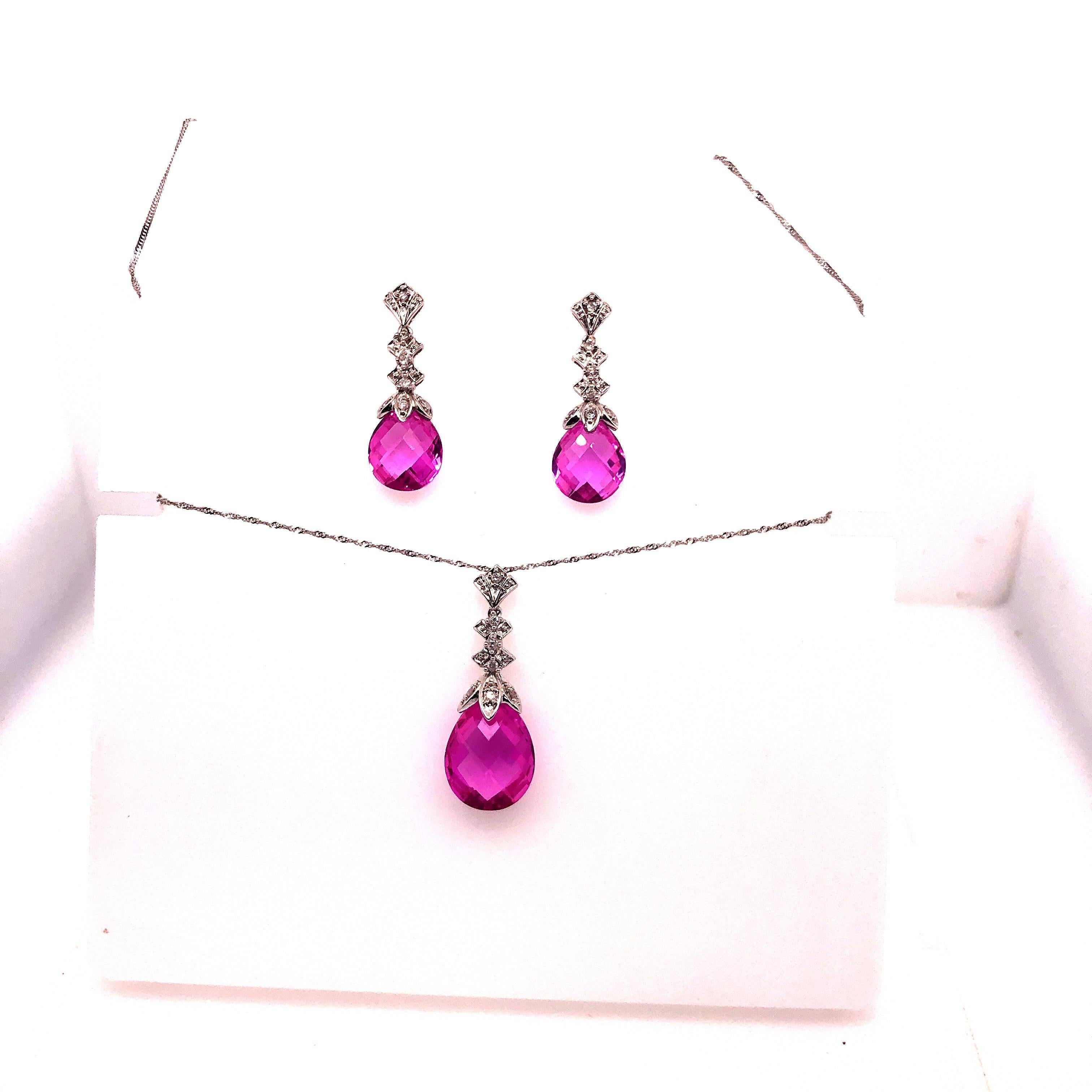 Contemporary White Gold Diamond and Pink Stone Earrings and Necklace