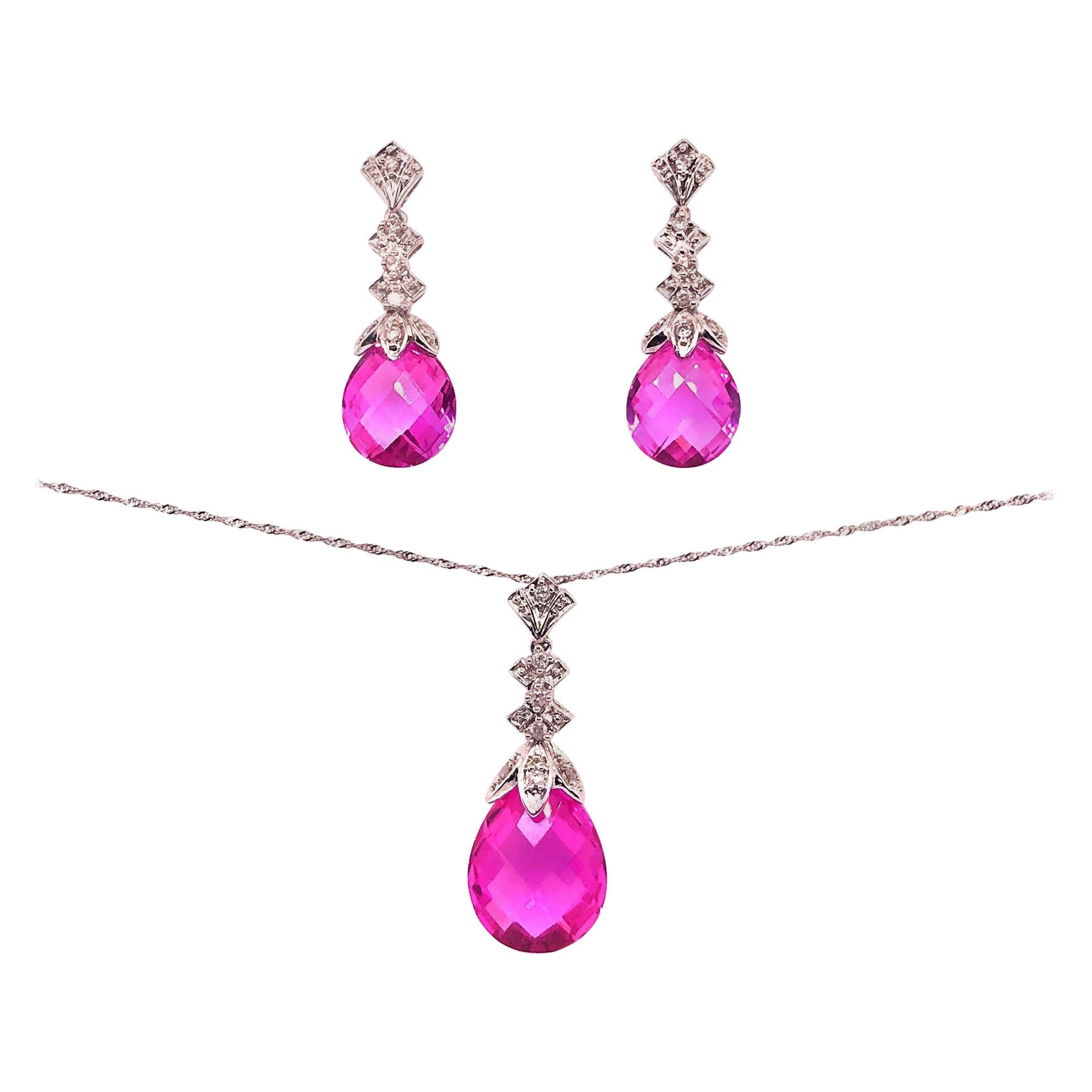 White Gold Diamond and Pink Stone Earrings and Necklace
