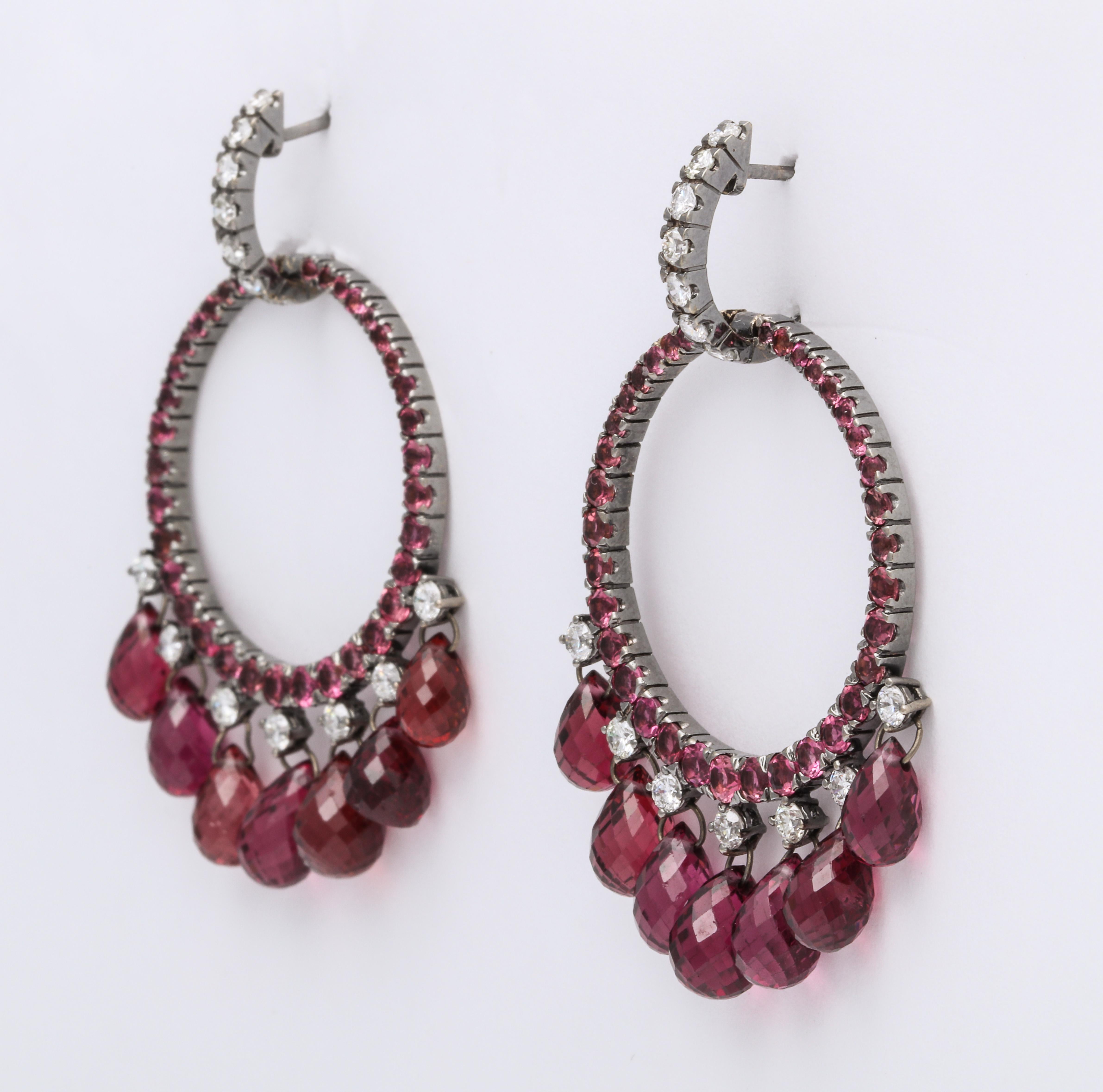 Contemporary White Gold, Diamond and Pink Tourmaline Briolette Earrings For Sale