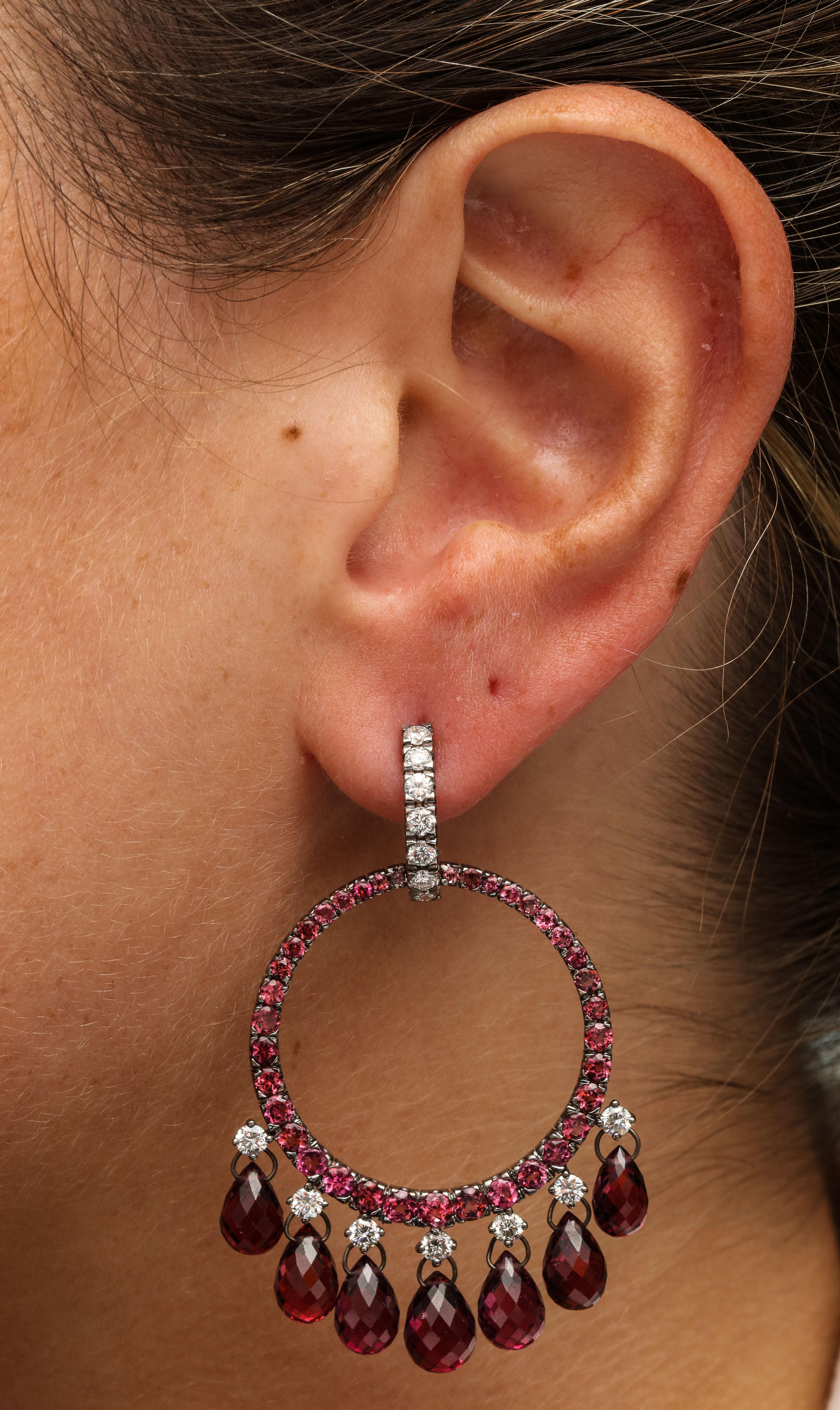 White Gold, Diamond and Pink Tourmaline Briolette Earrings For Sale 1
