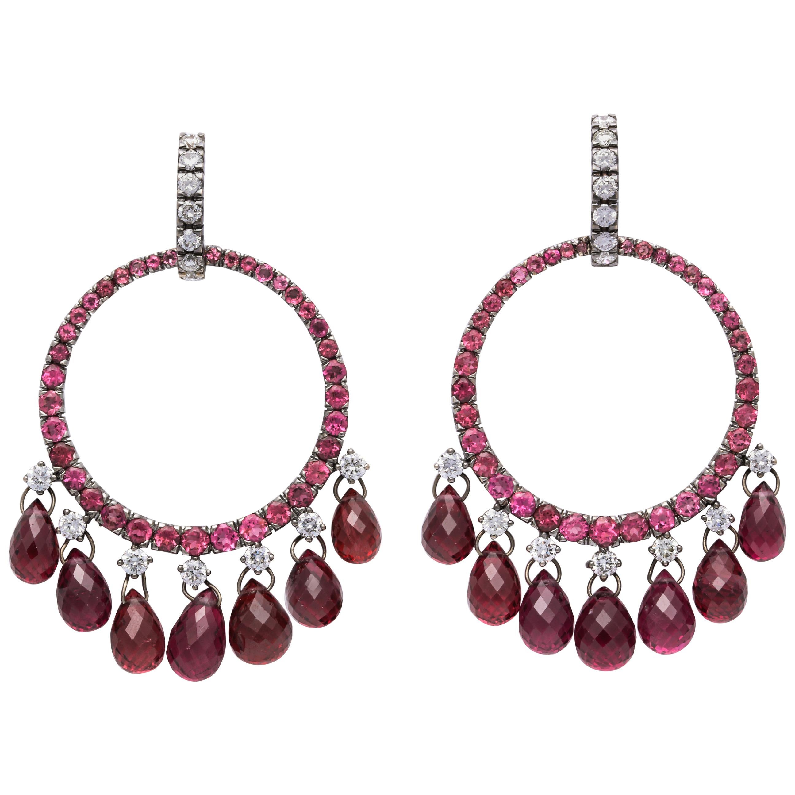 White Gold, Diamond and Pink Tourmaline Briolette Earrings For Sale