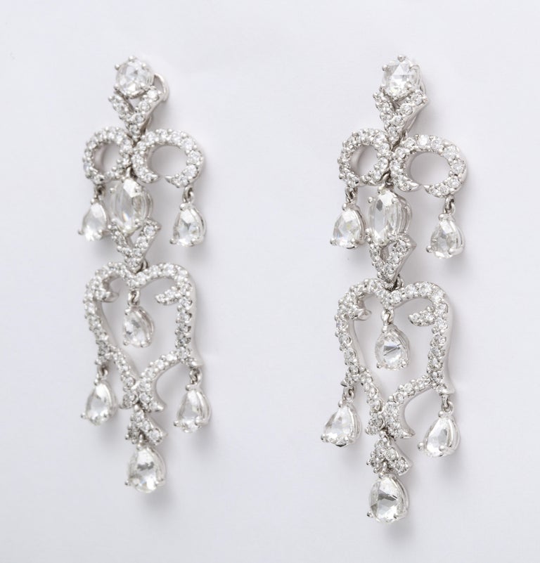White Gold, Diamond and Rose Cut Diamond Chandelier Earrings For Sale ...
