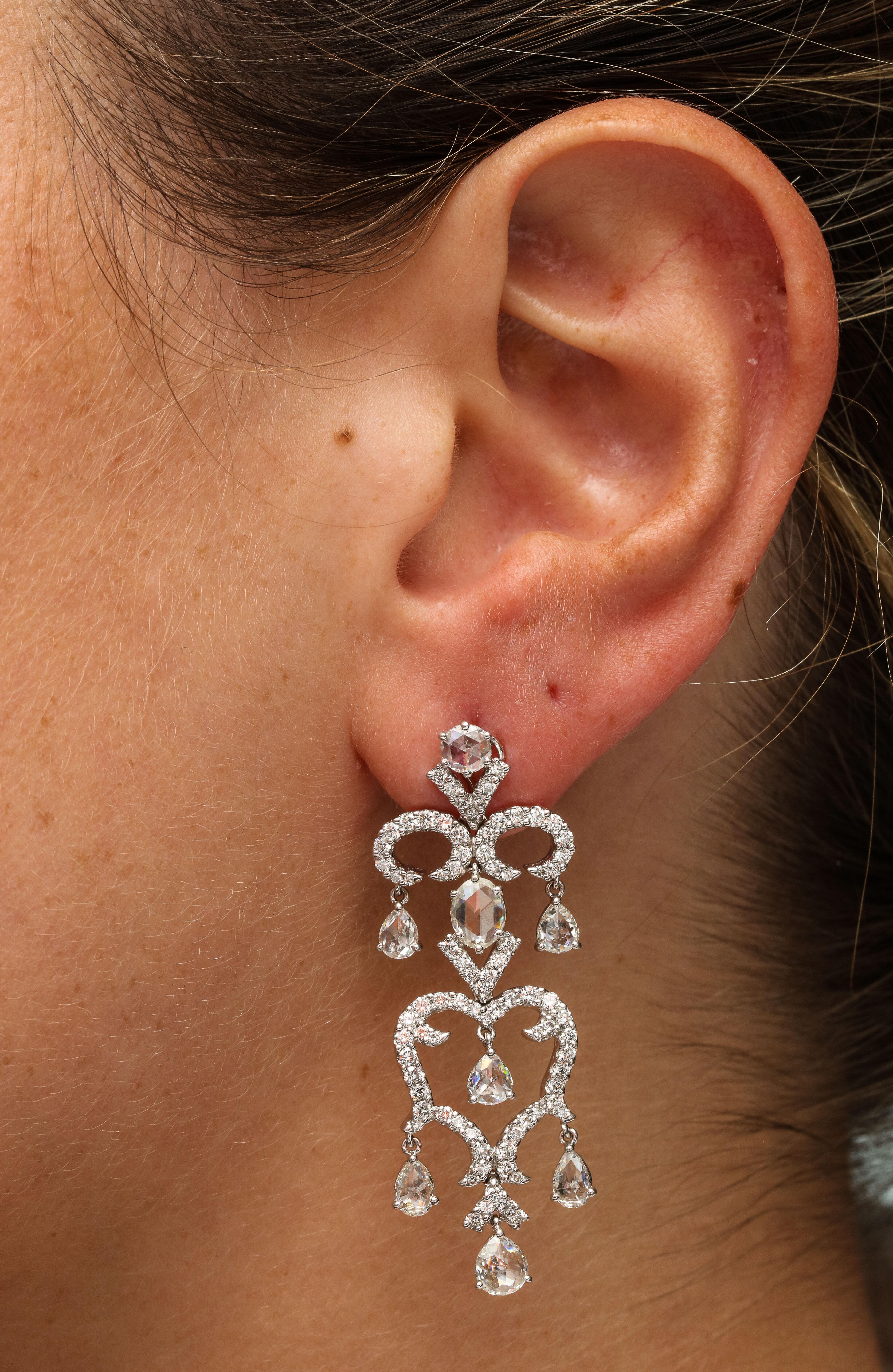 White Gold, Diamond and Rose Cut Diamond Chandelier Earrings In New Condition For Sale In New York, NY