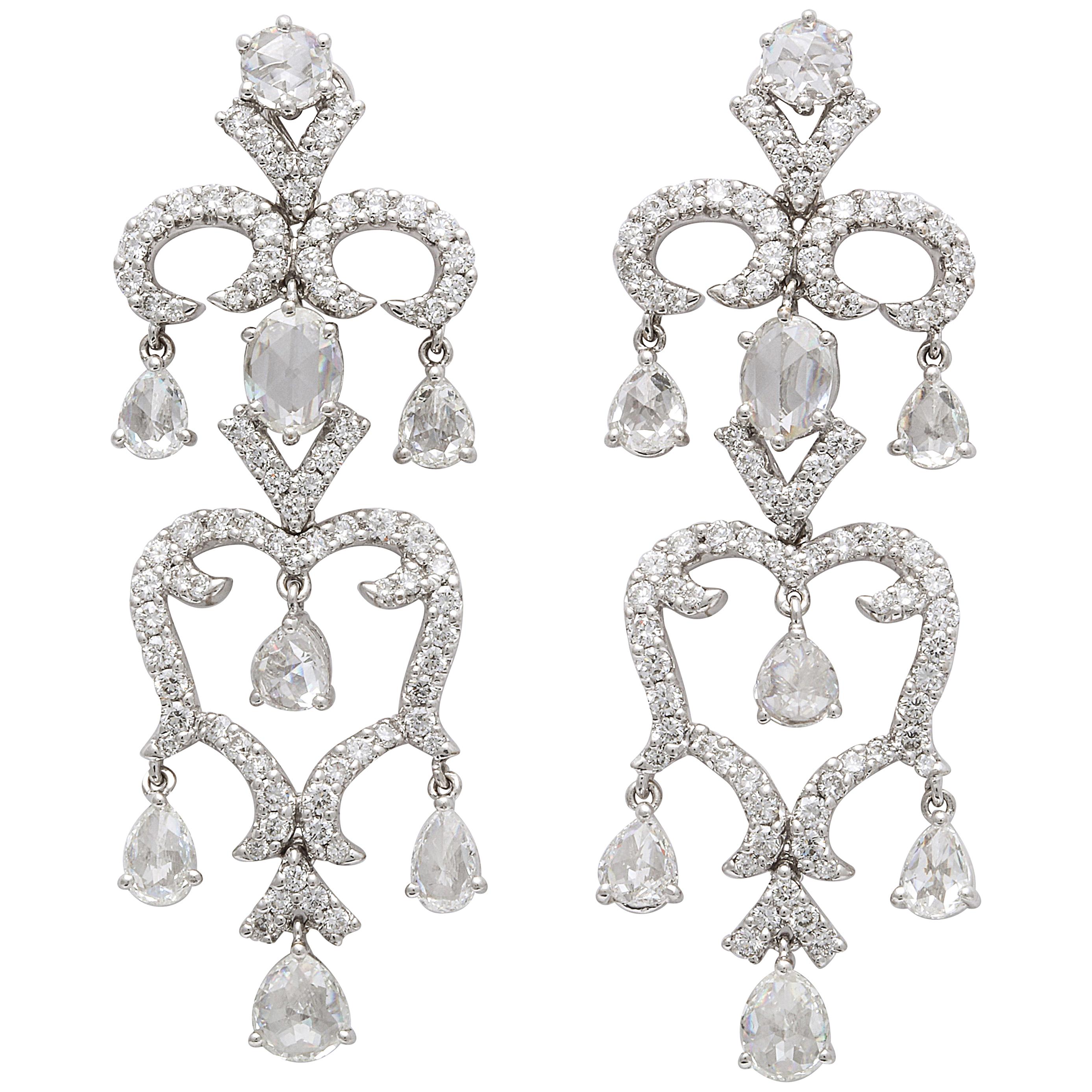 White Gold, Diamond and Rose Cut Diamond Chandelier Earrings For Sale