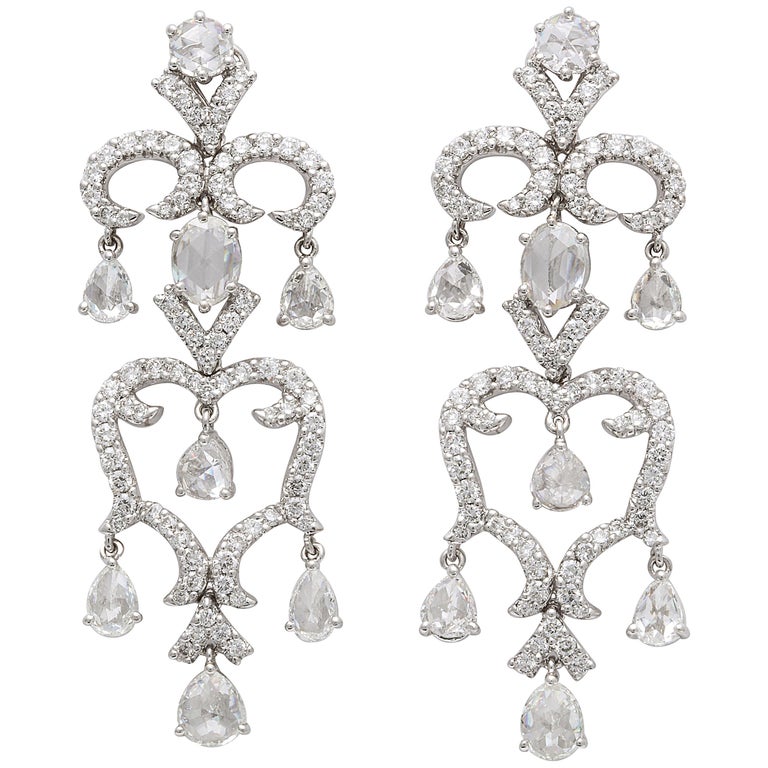 White Gold Diamond And Rose Cut Chandelier Earrings For White Gold Diamond And Rose Cut Chandelier Earrings For
