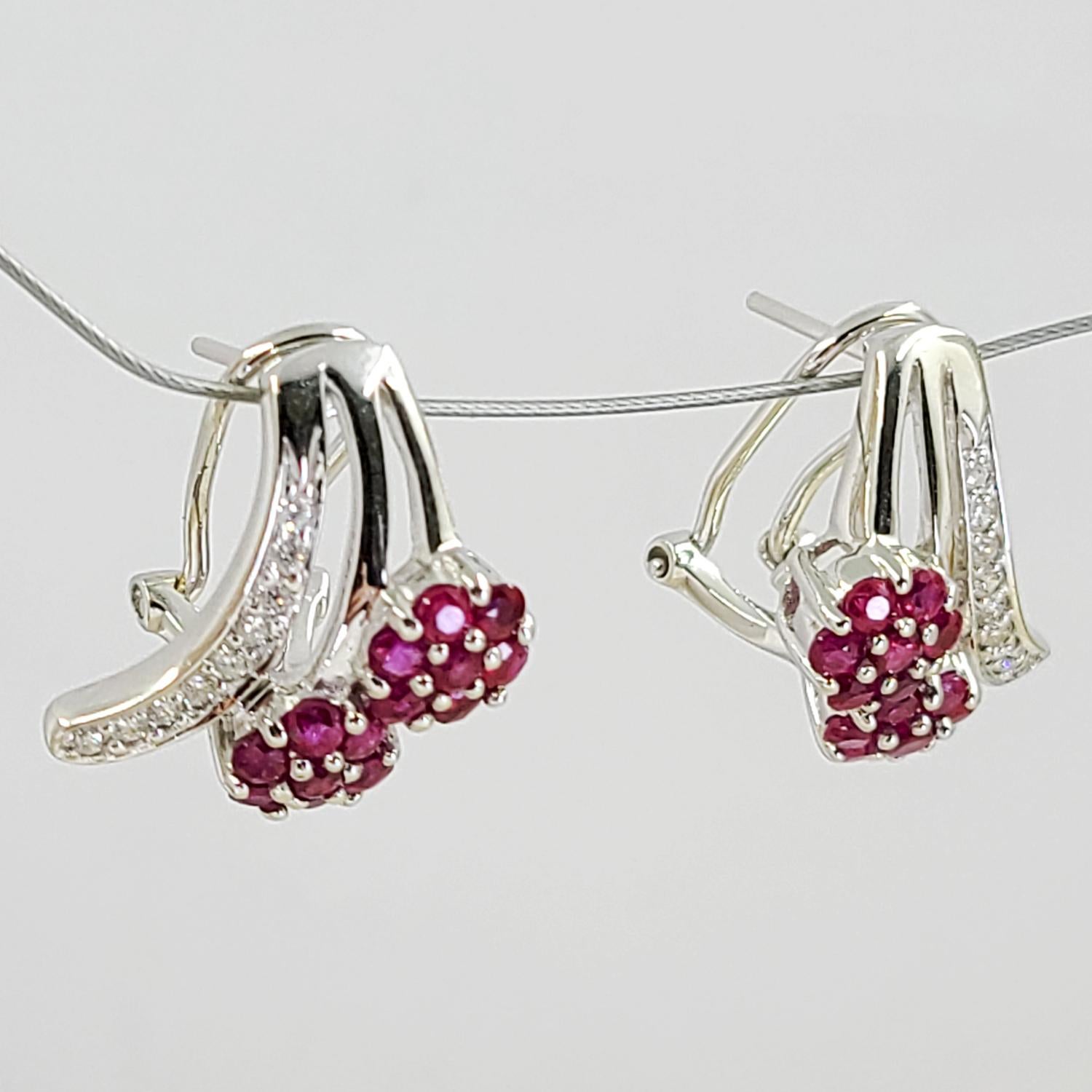 Round Cut White Gold, Diamond, and Ruby Cluster Earrings For Sale