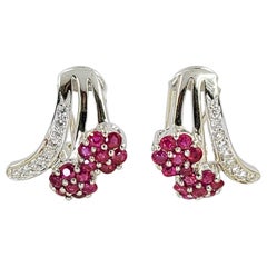 White Gold, Diamond, and Ruby Cluster Earrings