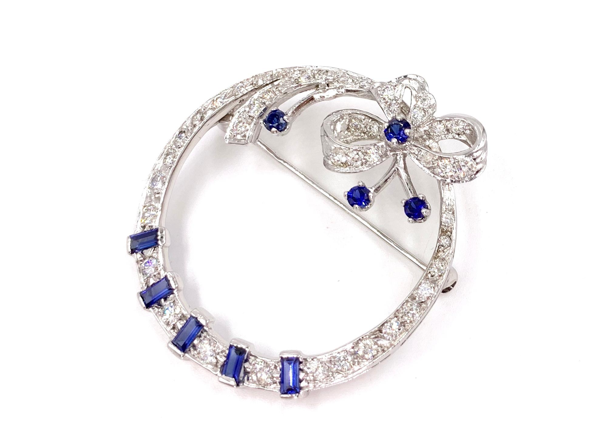 Edwardian White Gold Diamond and Sapphire Circle Bow Brooch For Sale