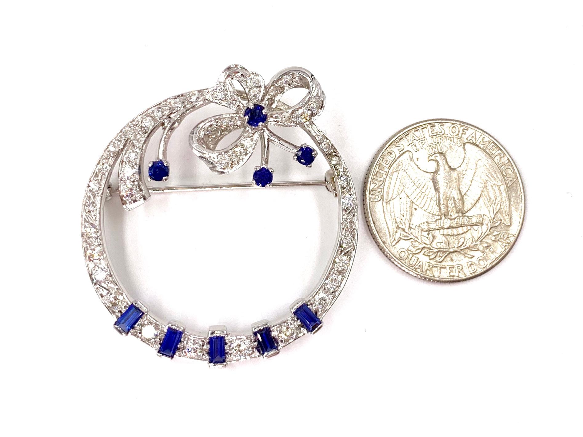 Women's or Men's White Gold Diamond and Sapphire Circle Bow Brooch For Sale