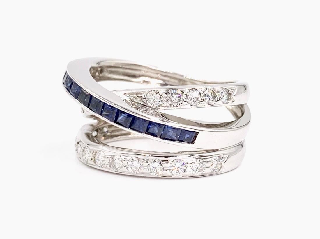 Modern White Gold Diamond and Sapphire Crossover Ring For Sale