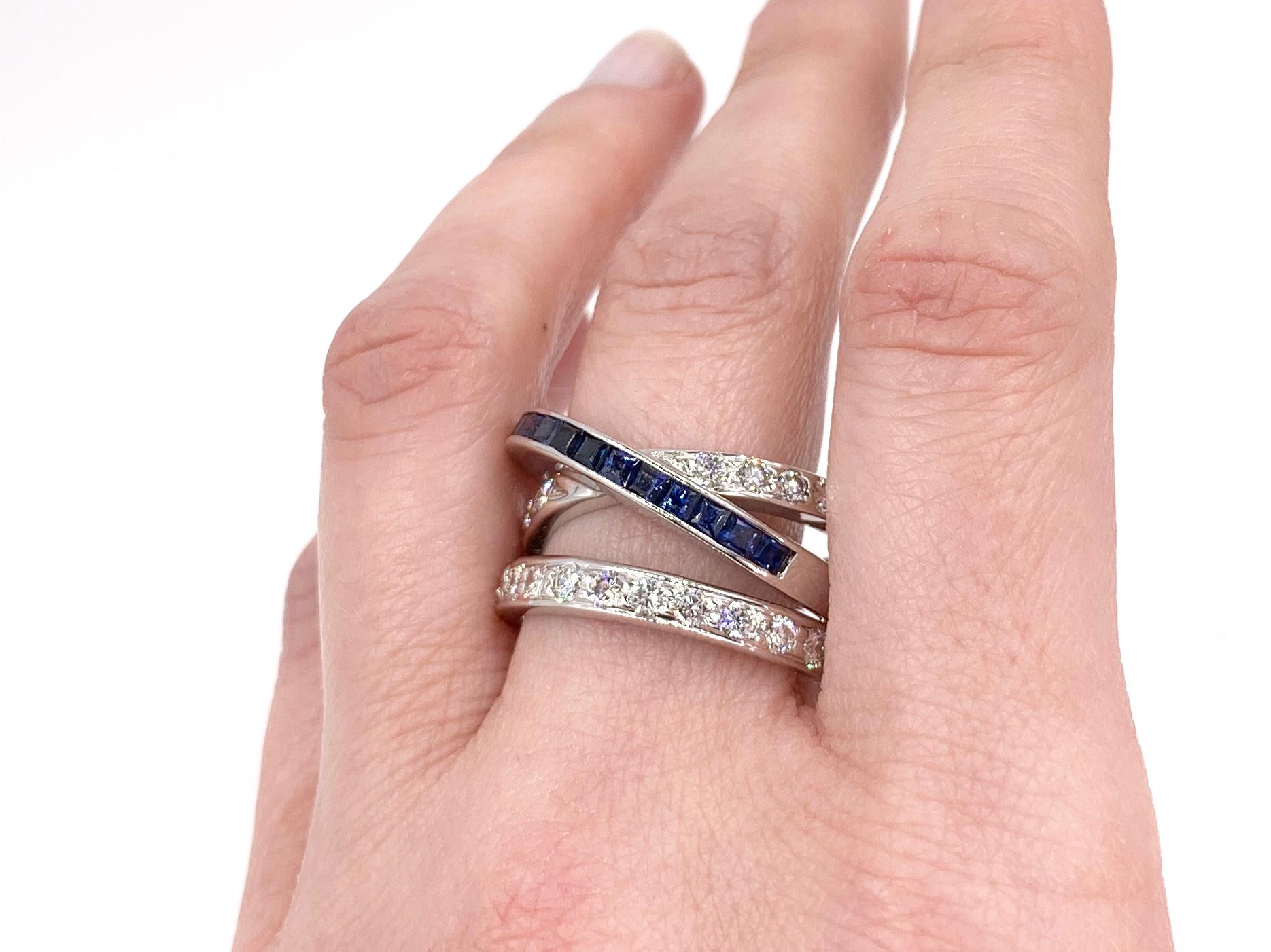 Women's White Gold Diamond and Sapphire Crossover Ring For Sale