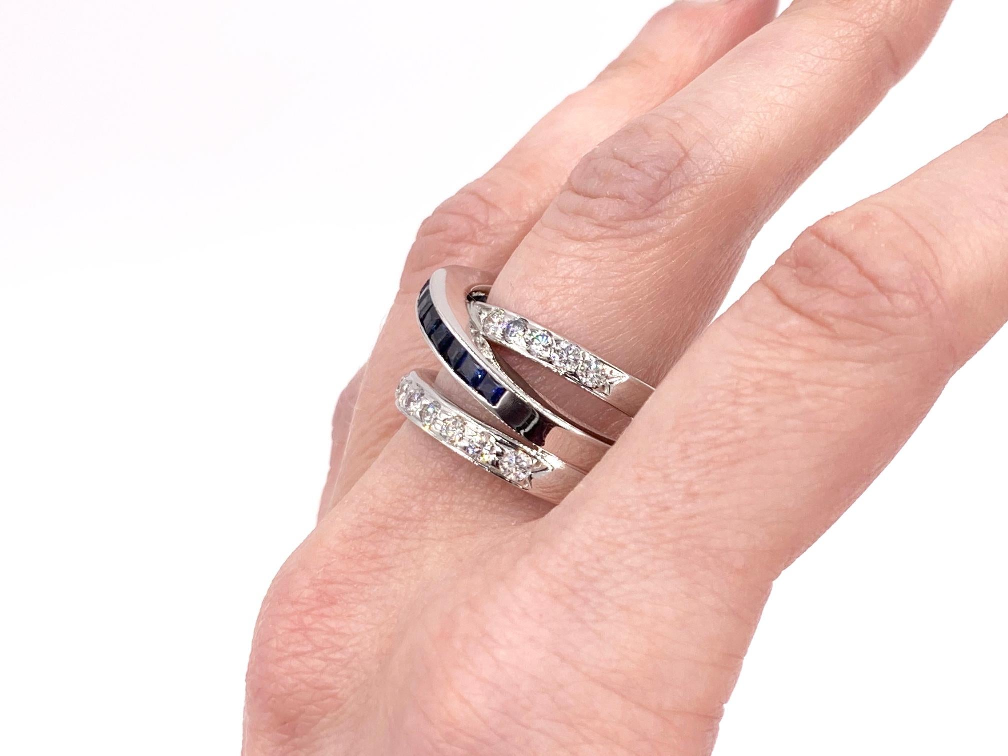 White Gold Diamond and Sapphire Crossover Ring For Sale 1