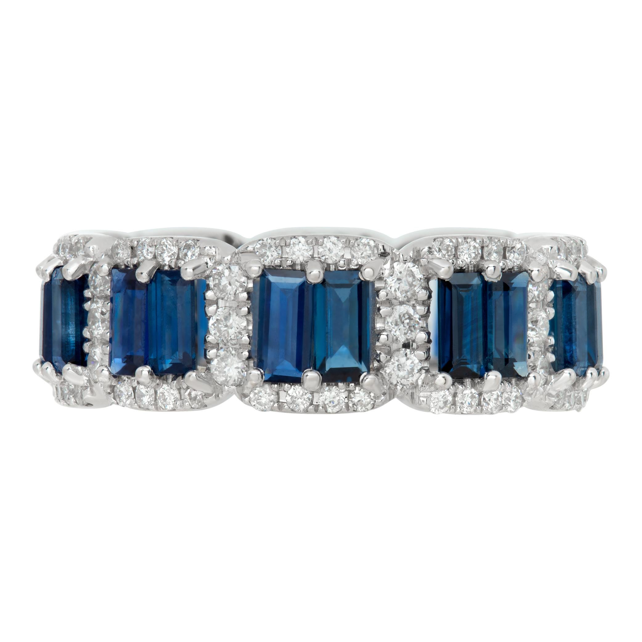 Blue sapphire and diamond eternity band in 18k white gold, with 0.79 carats in G-H color, VS-SI clarity diamonds and 2.89 carats in blues sapphires. 6.6 mm width. Size 6.75This Diamond/Sapphires ring is currently size 6.75 and some items can be