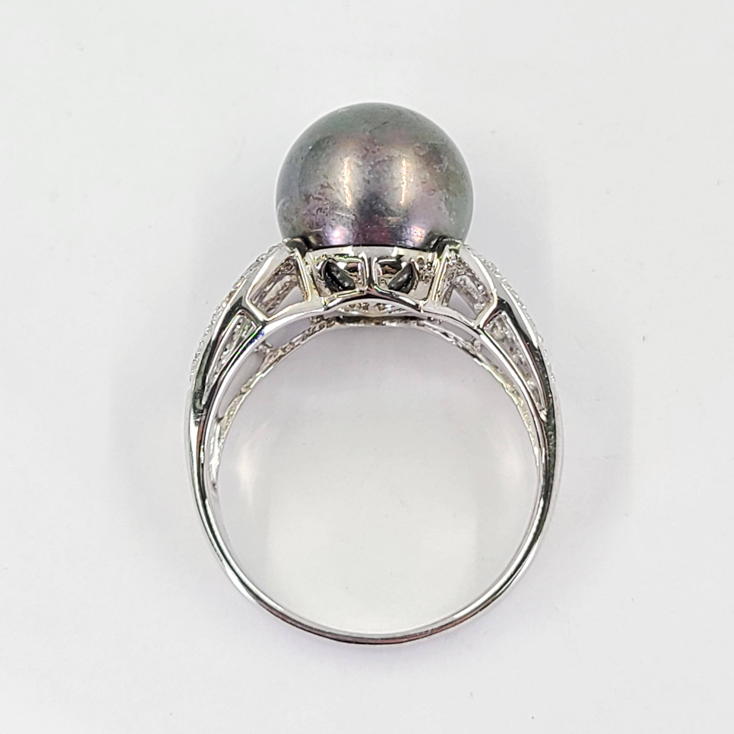 Round Cut White Gold, Diamond and Tahitian Pearl Ring For Sale