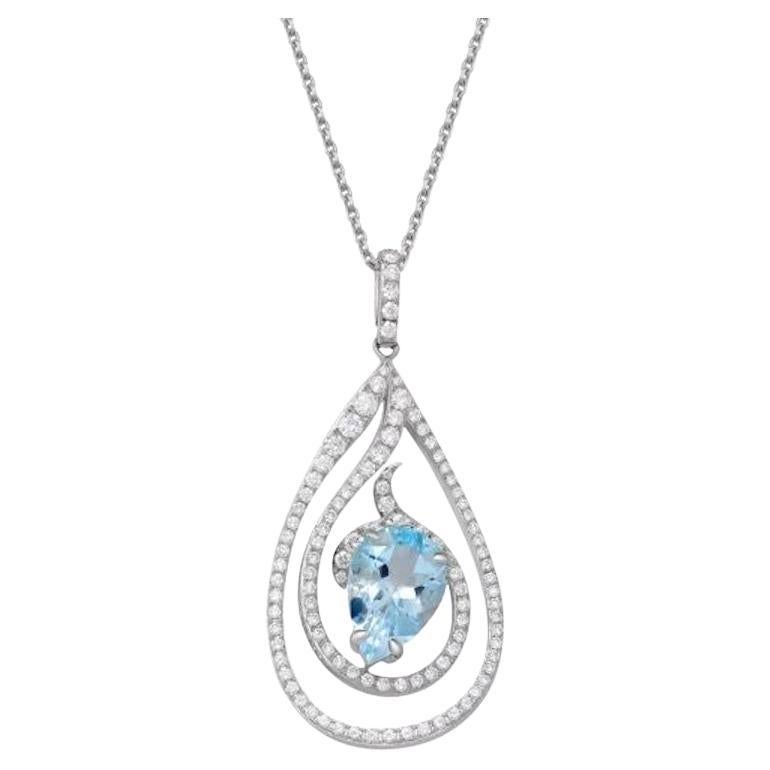 White Gold Diamond Aquamarine Dangle Elegant Princess Drop Necklace for Her