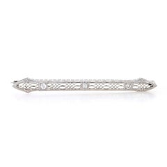 White Gold Diamond Art Deco Bar Brooch -14k European .30ctw Vintage Filigree Pin