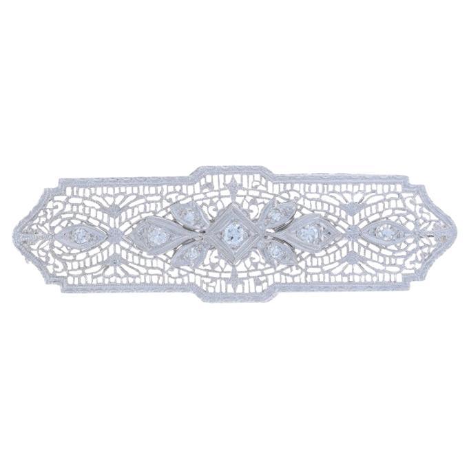 White Gold Diamond Art Deco Bar Brooch- 14k European and Single .26ctw Filigree