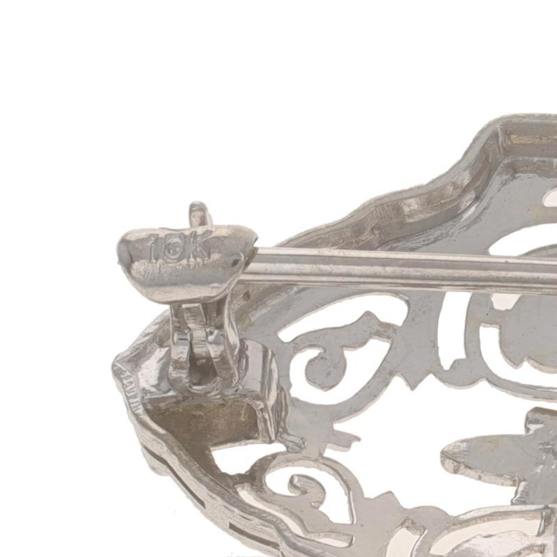 Women's White Gold Diamond Art Deco Bar Brooch Floral Filigree 10k Single Ct Vintage Pin For Sale