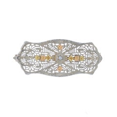 White Gold Diamond Art Deco Brooch - 10k Single Cut Vintage Floral Filigree Pin