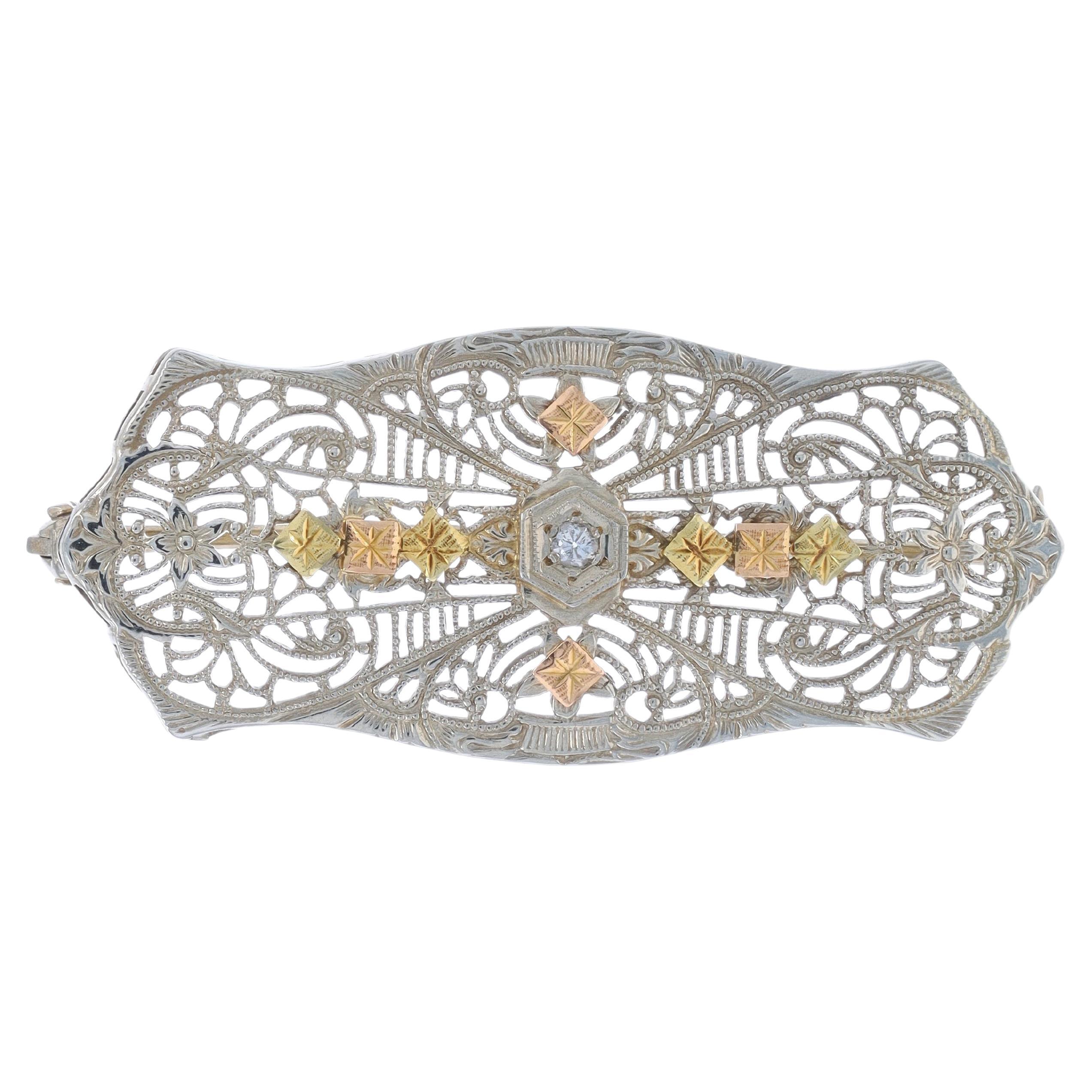 White Gold Diamond Art Deco Brooch - 10k Single Cut Vintage Floral Filigree Pin