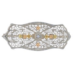 White Gold Diamond Art Deco Brooch - 10k Single Cut Antique Floral Filigree Pin