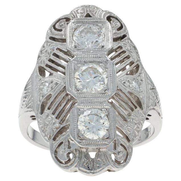White Gold Diamond Art Deco Dinner Ring Three-Stone Ring 14k Rd 1.05ctw Vintage For Sale