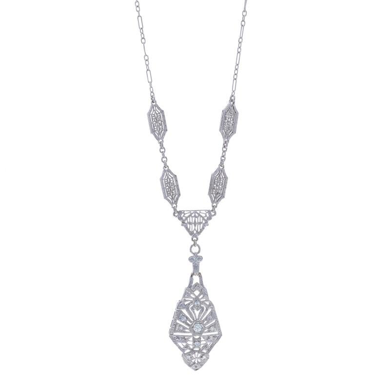 Era: Art Deco
Date: 1920s - 1930s

Metal Content: 14k White Gold

Stone Information

Natural Diamonds
Carat(s): .20ctw
Cut: European (solitaire) & Single (accents)
Color: G - H
Clarity: VS1 - SI1

Total Carats: .20ctw

Style: Drop
Chain Style: Long