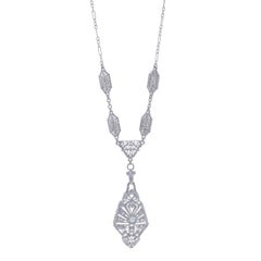 White Gold Diamond Art Deco Drop Necklace 16 3/4" - 14k European .20ctw Vintage